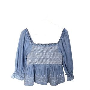 American Eagle Denim Embroidered Peasant Top